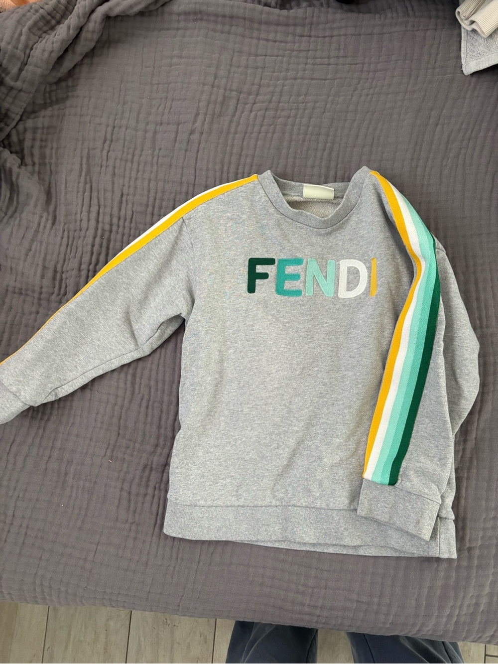 Fendi Kids Grey Sweatshirt with Green, Teal & Yellow Stripes size 6 boys